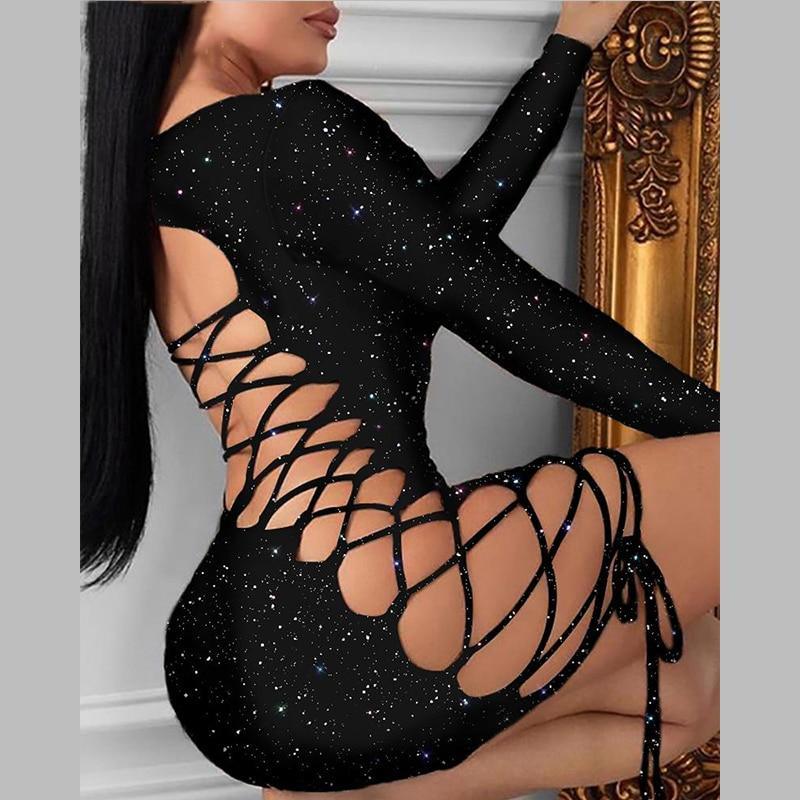 flowersverse Women Glitter Lace-Up Dress Long Sleeve Backless Sexy Night Out Club Party Dress Bodycon Stretchy Mini Dresses Vestidos