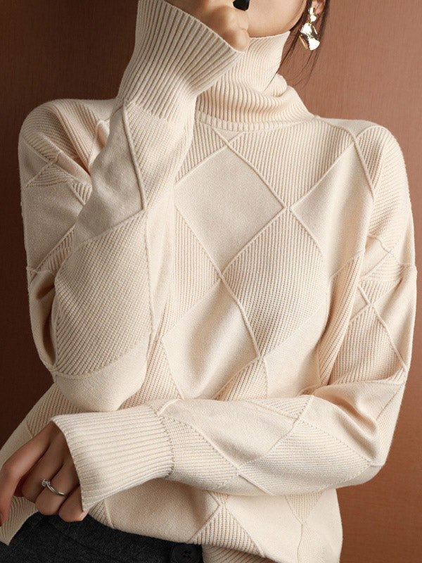 flowersverse Casual Loose Solid Color Striped High-Neck Long Sleeves Sweater Tops