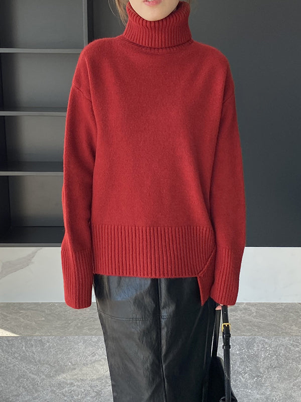 flowersverse Simple High-Low Loose Solid Color High-Neck Sweater Tops