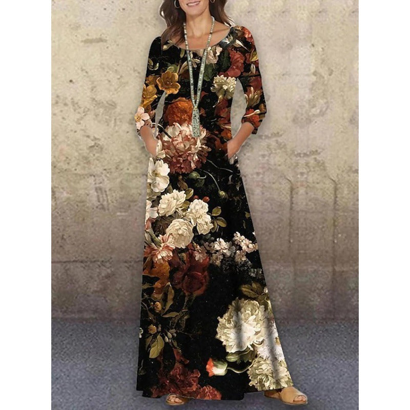 flowersverse Women's Round Neck Long Sleeve Floral Print Dresses