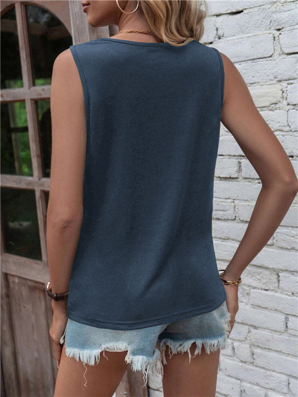 flowersverse Hollow Knot Pleated Solid Color Sleeveless Round-Neck Vest Top