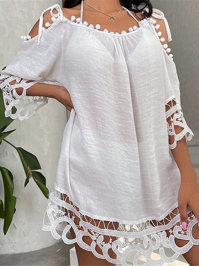 flowersverse Women's Cover Up Beach Dress Beach Wear Midi Dress Cut Out Basic Casual Plain Crewneck 3/4 Length Sleeve Loose Fit Outdoor Daily Black White Spring Summer One Size