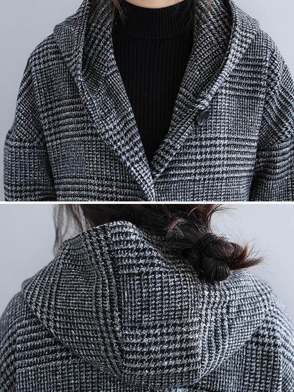 flowersverse Loose Plaid Woolen Hood Coat
