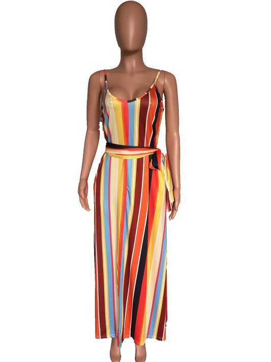 flowersverse Trendy Loose Plus Size Printed Stripe Strap Dress