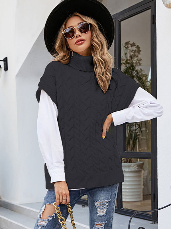 flowersverse Casual Loose Short Sleeves Jacquard Solid Color High-Neck Sweater Tops Vest Outerwear