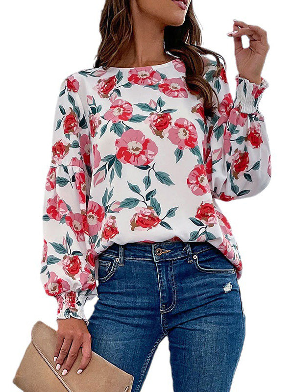 flowersverse Elasticity Flower Print Long Sleeves Loose Round-Neck Blouses&Shirts Tops