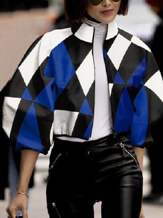 flowersverse Color-Block Contrast Color Zipper Stand Collar Jackets Outerwear