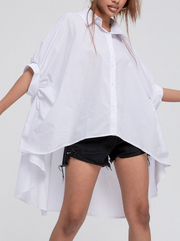 flowersverse Solid Color Batwing Sleeves High-Low Lapel Blouses&Shirts Tops
