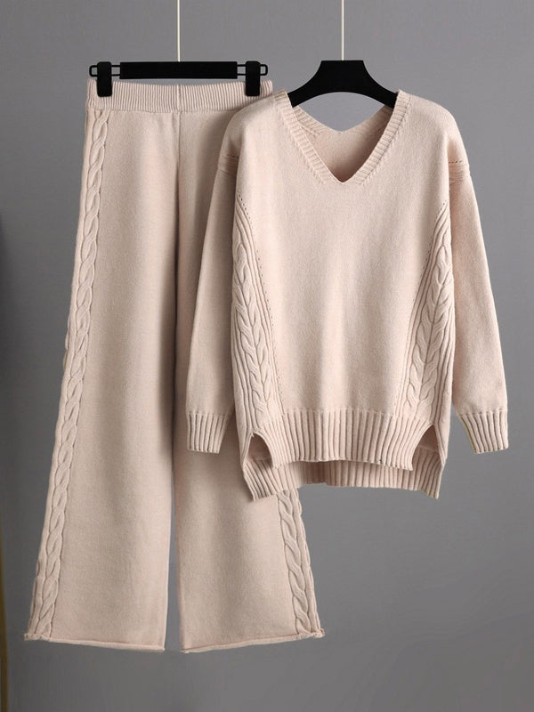flowersverse Urban Loose Solid Color V-Neck Sweater Tops& Wide Leg Pants Suits