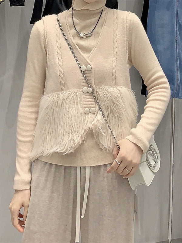 flowersverse Buttoned Solid Color Split-Joint Loose Sleeveless V-Neck Vest Outerwear