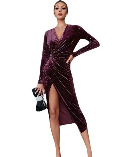 flowersverse Evening Sexy Basic Model Long Sleeve Mid-length Gold Nightclub Dress