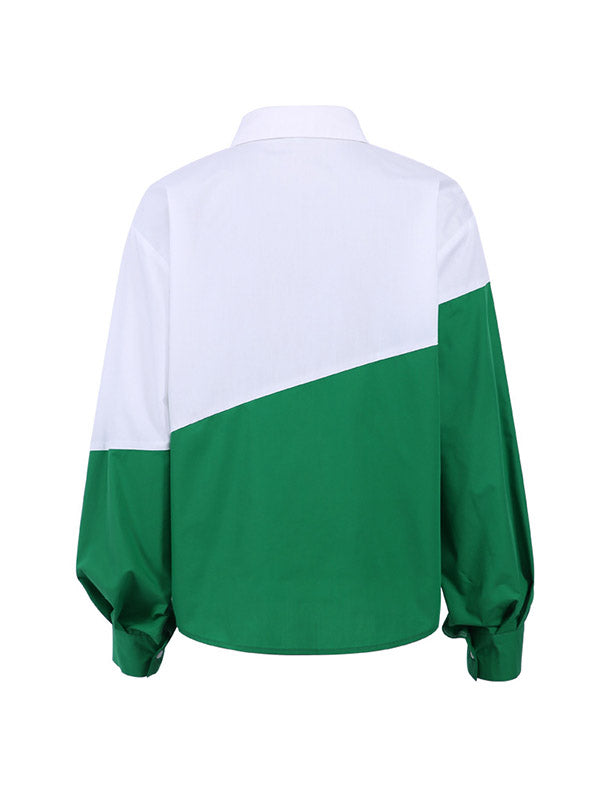 flowersverse Buttoned Contrast Color Long Sleeves Loose Lapel Blouses&Shirts Tops