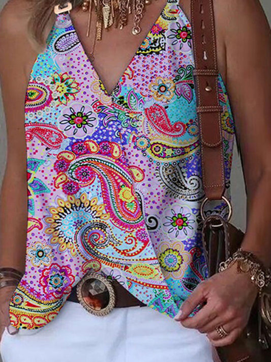 flowersverse Printed Split-Joint Sleeveless V-Neck Vest Top