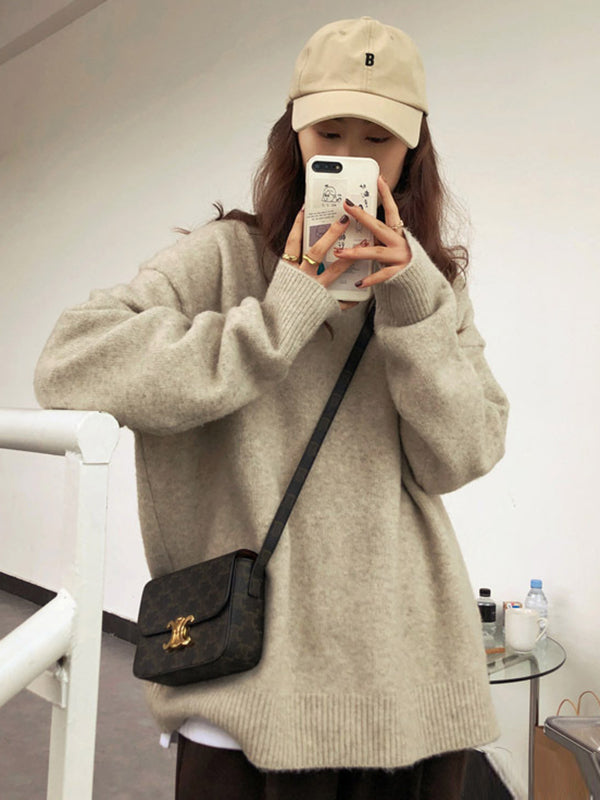 flowersverse Simple Loose Long Sleeves Round-Neck Sweater Tops Pullovers