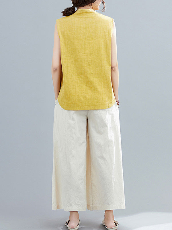 flowersverse Artistic Retro Chinese-Style Printed Buttoned Stand Collar Sleeveless Vest