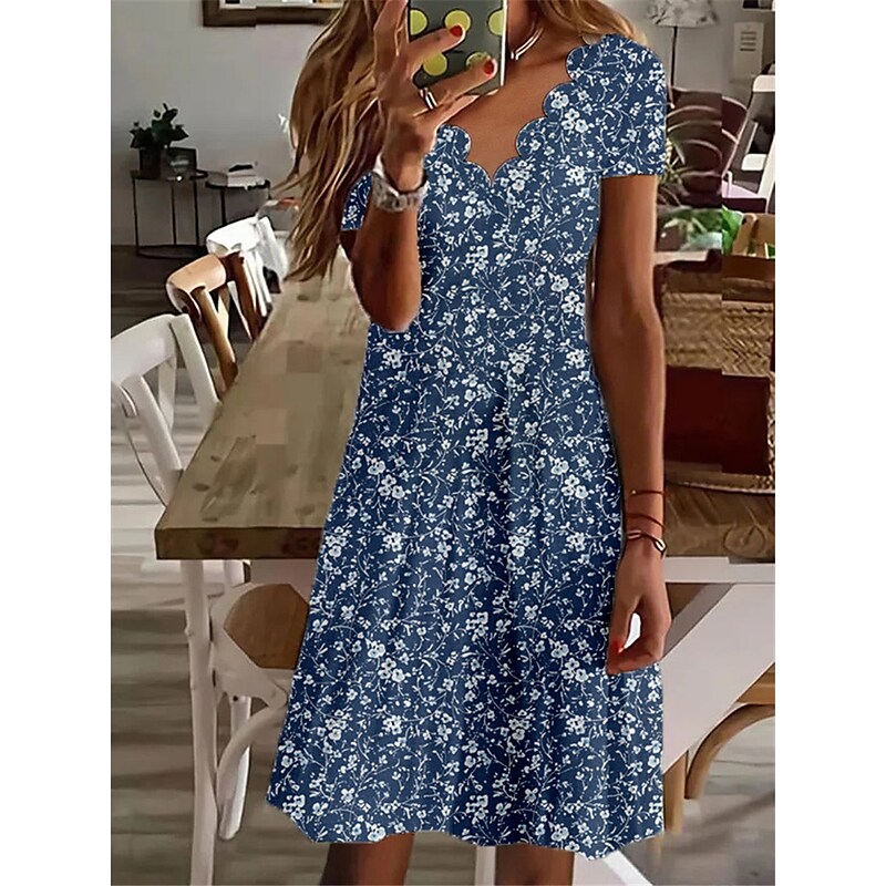 flowersverse Women's Casual Dress Shift Dress Midi Dress White Navy Blue Blue Short Sleeve Floral Print Spring Summer V Neck Vacation S M L XL XXL 3XL