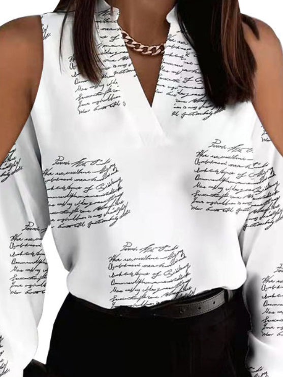 flowersverse Casual Long Sleeves Loose Letter Print Hollow V-Neck Blouses&Shirts Tops