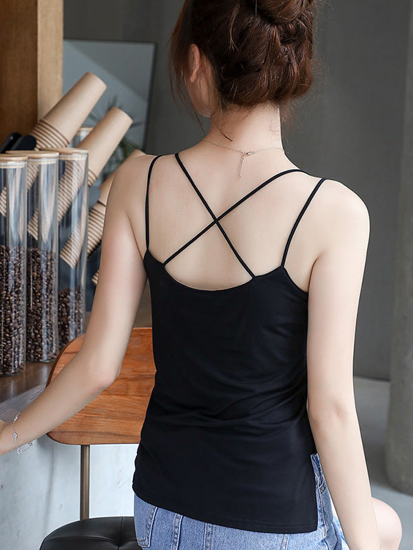 flowersverse Simple Solid Color High-Low Backless Spaghetti-Neck Shirts