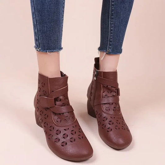 flowersverse Hollow Out Boots Women Retro Style Side Zip Mid Heels Shoes