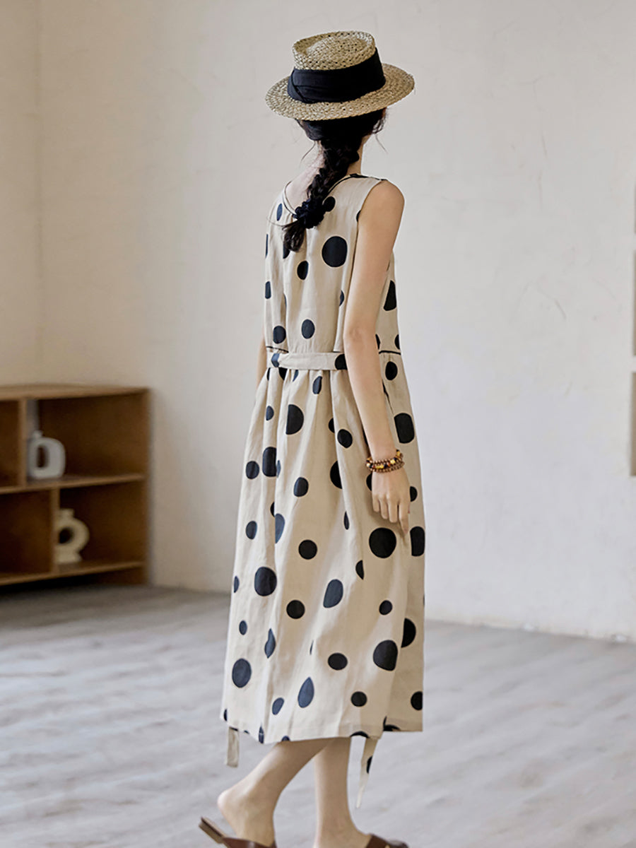 flowersverse Plus Size Women Summer Casual Dot Drawstring Linen Vest Dress