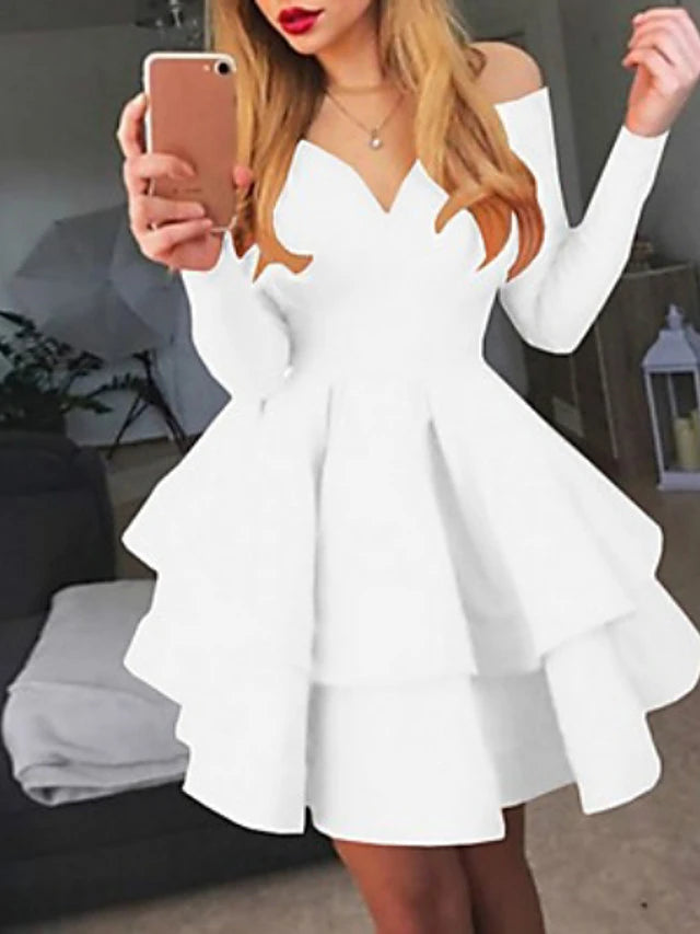 flowersverse Women's A-Line Dress Short Mini Dress Long Sleeve Solid Colored Layered Fall Spring Hot Sexy White Black Red White Dresses