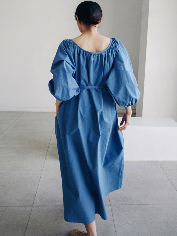 flowersverse Original Casual Loose Solid Color Pleated Puff Sleeves Midi Dress