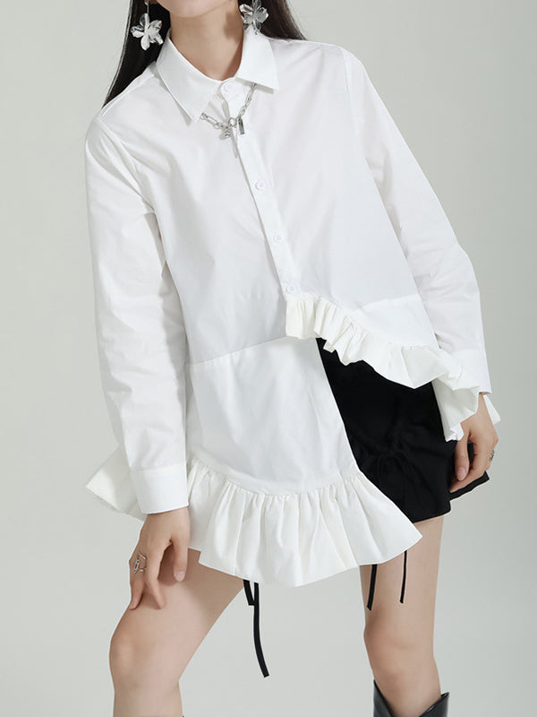 flowersverse Asymmetric Solid Color Cropped Long Sleeves Lapel Blouses&shirts Tops