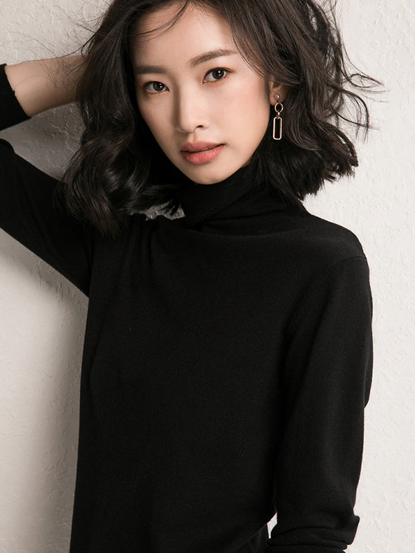 flowersverse Simple Loose Long Sleeves Solid Color High-Neck Sweater Tops