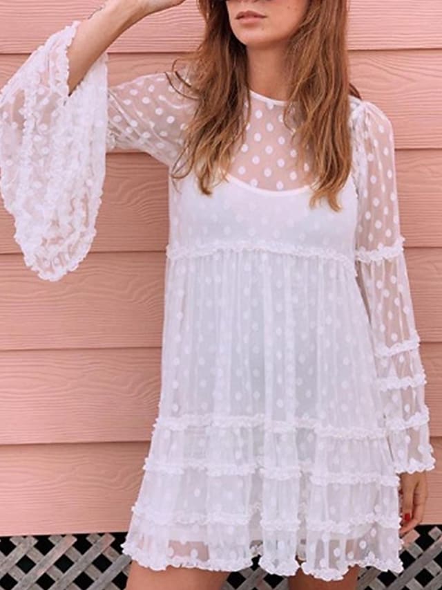 flowersverse Women's Cover Up Beach Dress Beach Wear Mini Dress Ruffle Mesh Casual Polka Dot Crewneck Long Sleeve Loose Fit Outdoor Daily Black White Spring Summer S M L XL