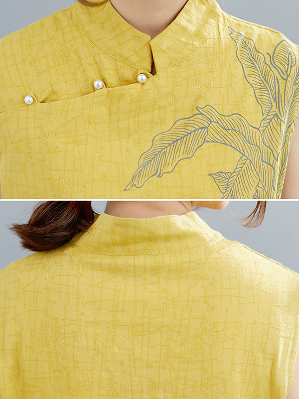 flowersverse Artistic Retro Chinese-Style Printed Buttoned Stand Collar Sleeveless Vest