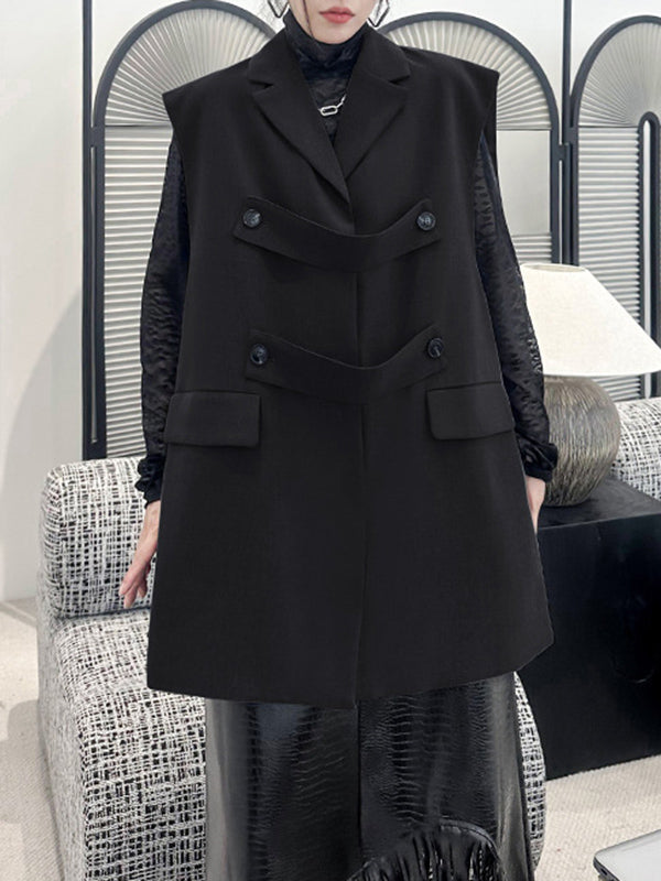 flowersverse Buttoned Pockets Split-Side Loose Sleeveless Notched Collar Vest Outerwear