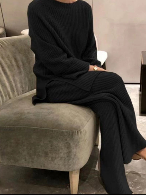 flowersverse Urban Loose Solid Round-Neck Split-Side Sweater& Wide Leg Pants Suits