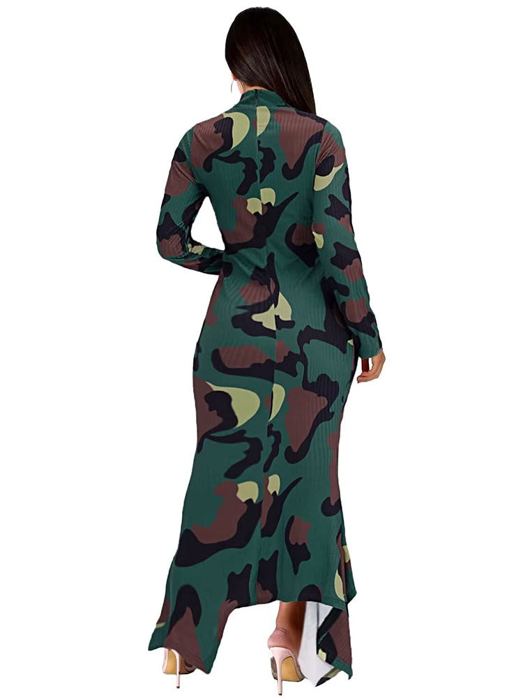flowersverse Mock Neck Ribbed Knit Bodycon Long Sleeve Maxi Dresses