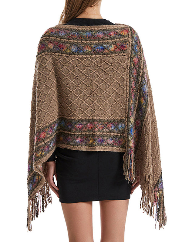 flowersverse Asymmetric Tasseled Loose V-Neck Shawl&Cloak Cape