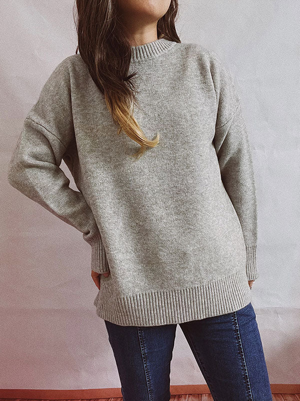 flowersverse Casual Loose Long Sleeves Solid Color Round-Neck Sweater Tops