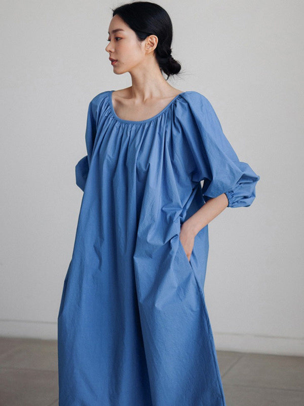 flowersverse Original Casual Loose Solid Color Pleated Puff Sleeves Midi Dress