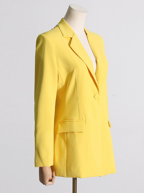 flowersverse Backless Buttoned Hollow Rhine Stones Solid Color Long Sleeves Deep V-Neck Blazer