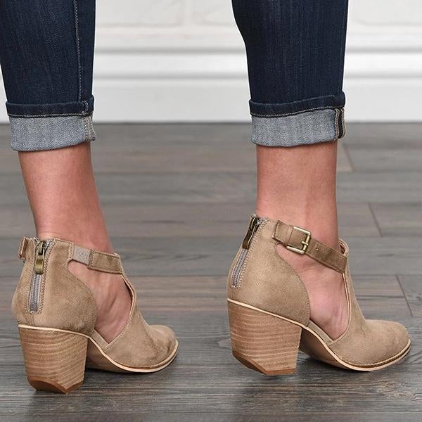 flowersverse Buckle Cut Out Chunky Heel Zipper Boots