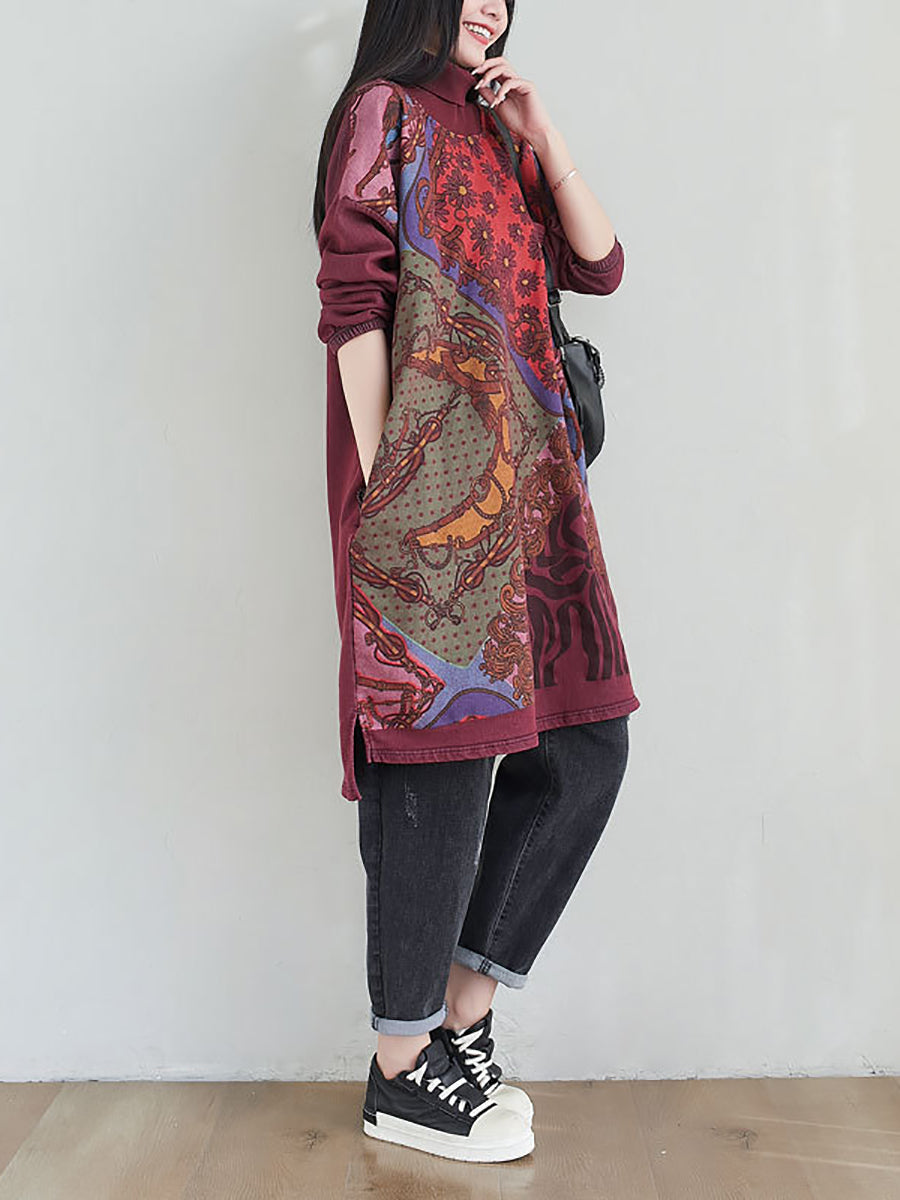 flowersverse Women Fashion Spliced Plaid Winter Fleece-lined Dress