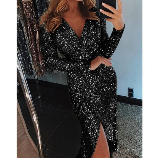 flowersverse Women Sexy V neck Bodycon Skinny Dress Ladies Long Sleeve Dress