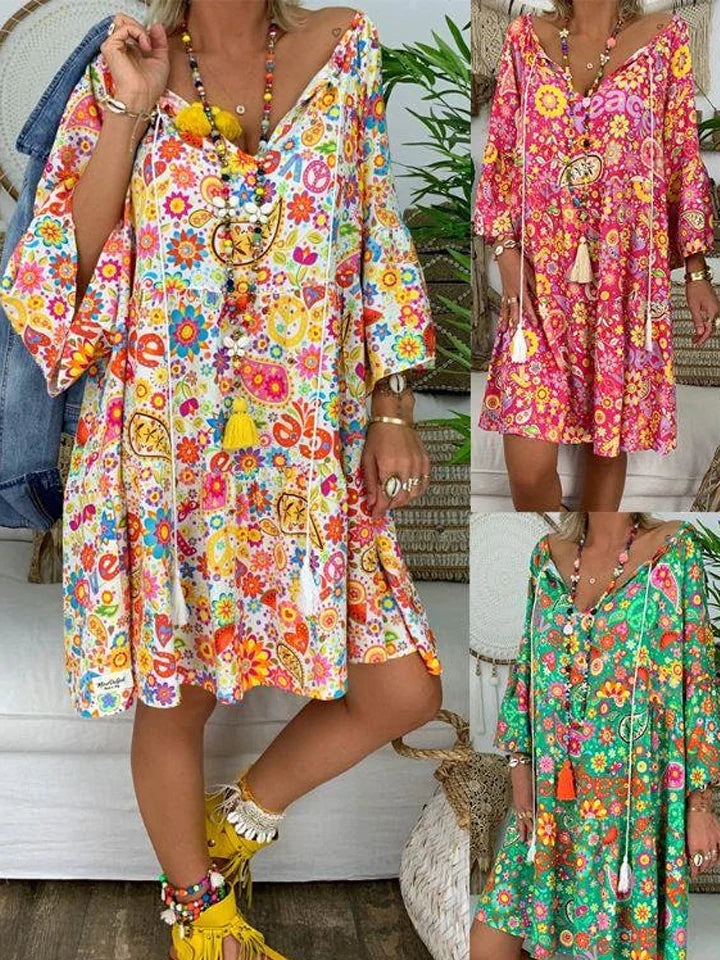 flowersverse Summer Women Boho Floral Long Sleeve Dress Holiday Beach Shirt Dress Ladies Print Mini Dress Plus Size