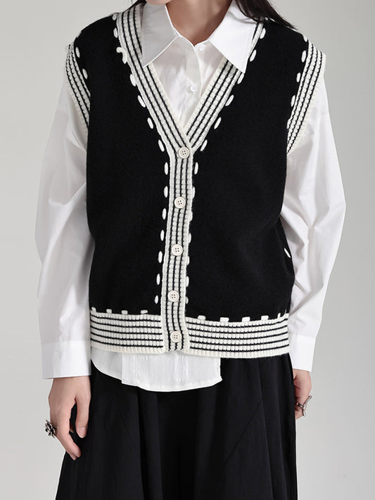 flowersverse Buttoned Contrast Color Loose Sleeveless V-Neck Vest Outerwear