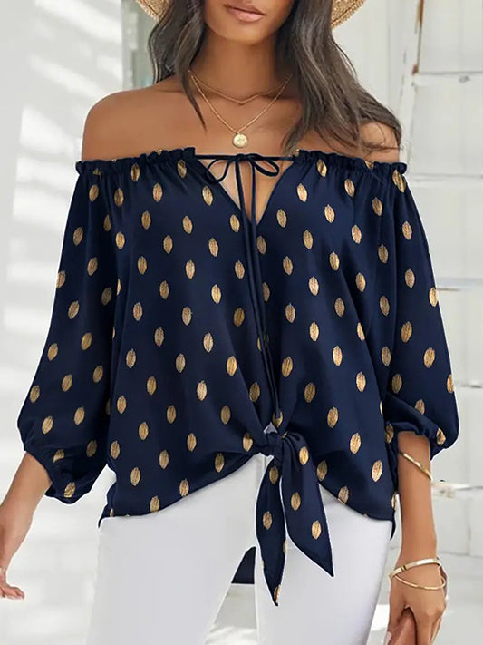 flowersverse Simple Long Sleeves Loose Drawstring Printed Off-The-Shoulder Blouses&Shirts Tops