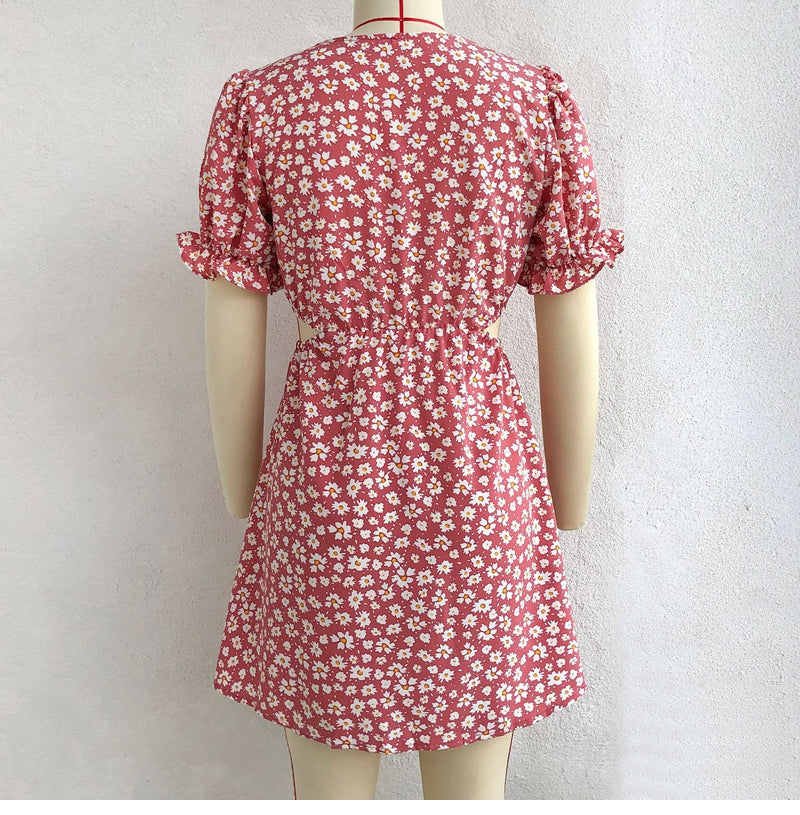flowersverse Women Spring Summer Puff Sleeve Show Waist Print Dress Ladies Sexy Floral Short Sundress