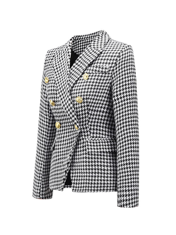 flowersverse Buttoned Houndstooth Long Sleeves Notched Collar Outerwear Blazer