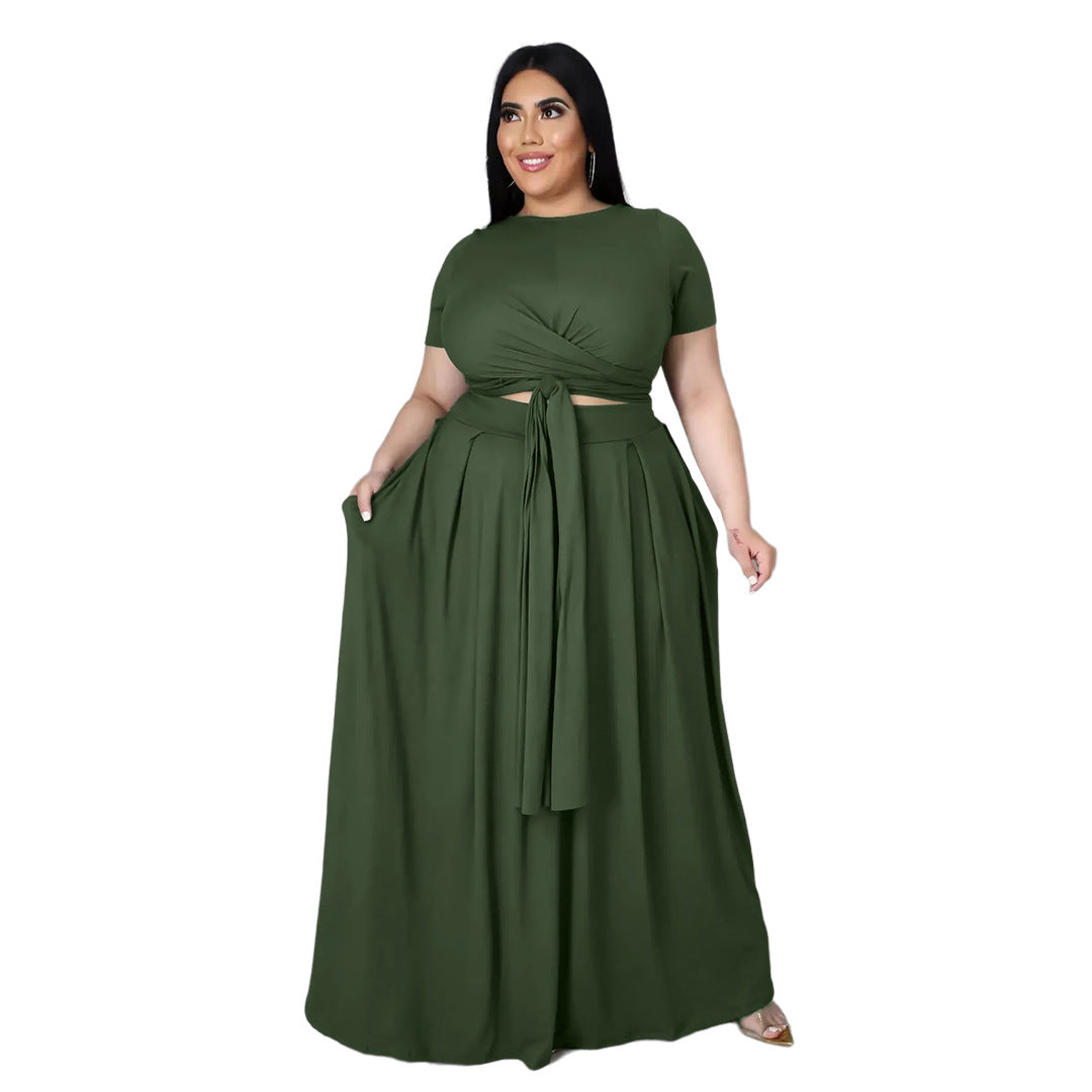 flowersverse Lady Fashion Plus Size Women Solid Color Cross Lace-up Large Swing Two-piece Skirt