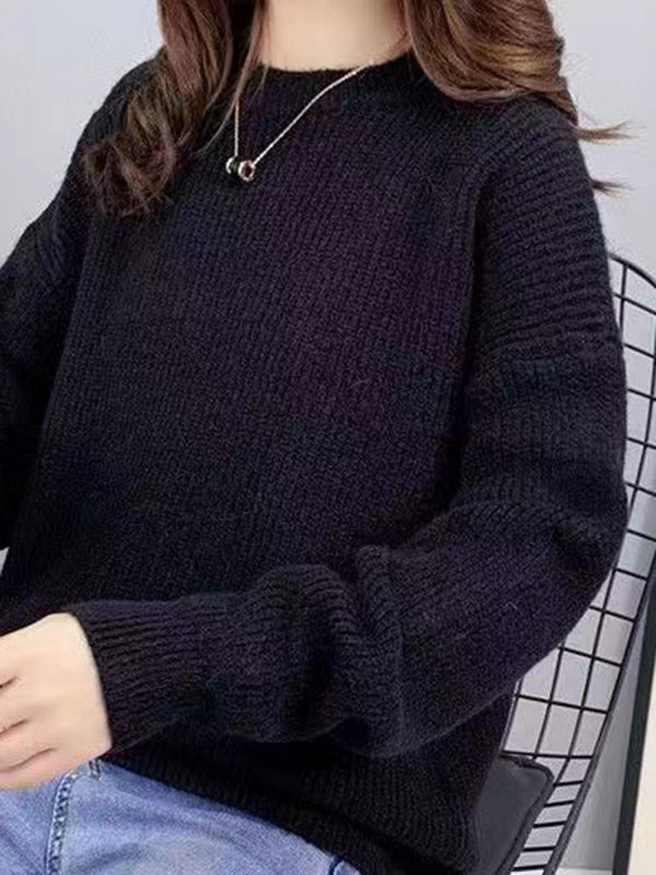 flowersverse Solid Color Long Sleeves Loose Round-Neck Sweater Tops Pullovers