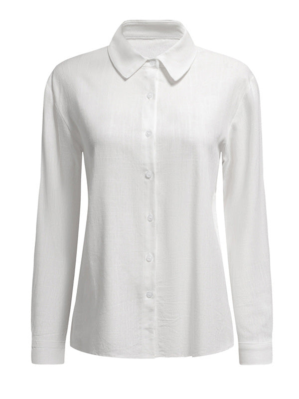 flowersverse Casual Long Sleeves Loose Solid Color Lapel Collar Blouses