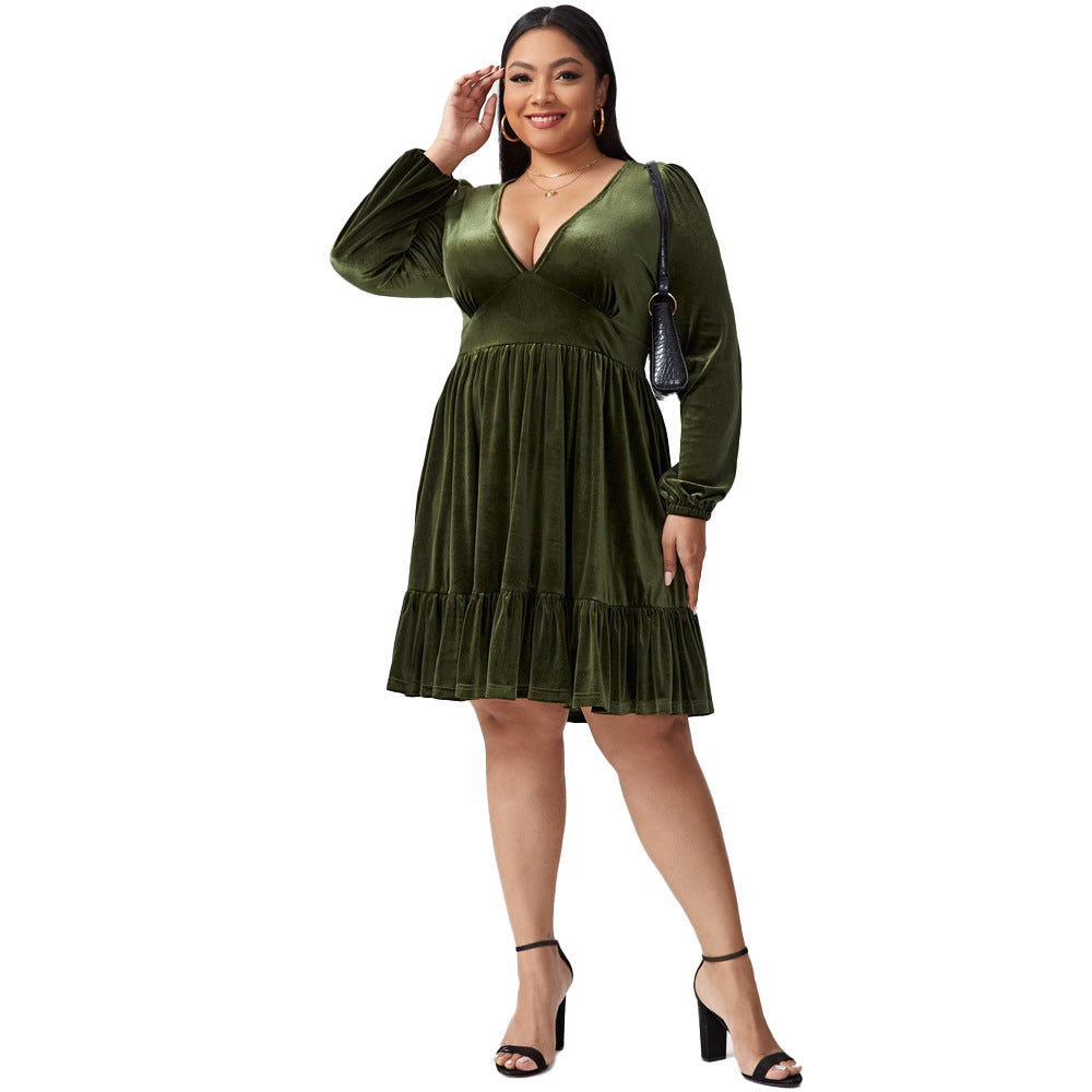 flowersverse Plus Size Short Skirt Women's V-neck Waist-controlled Slimming Long Sleeve Sexy Dress
