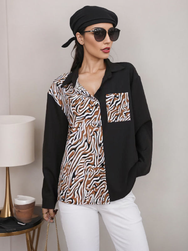 flowersverse Asymmetric Buttoned Zebra-Stripe Long Sleeves Loose Lapel Blouses&Shirts Tops